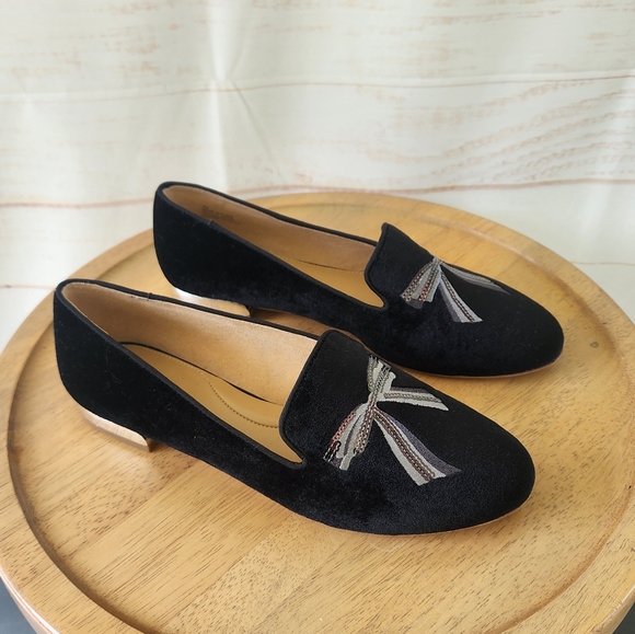 Talbots Black Suede Bow Print Flats